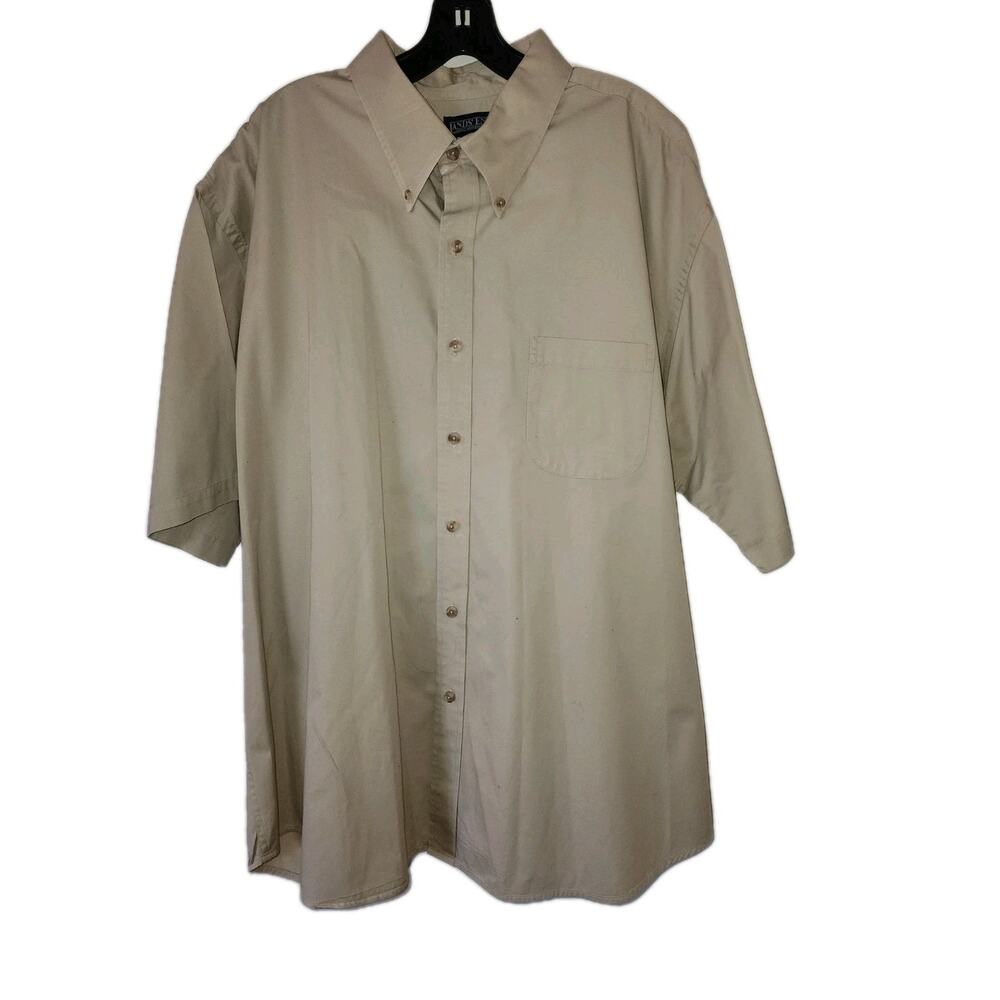 Lands' End Khaki Tan 100% Cotton Button Down Shirt XXL 18-18.5 Short Sleeve